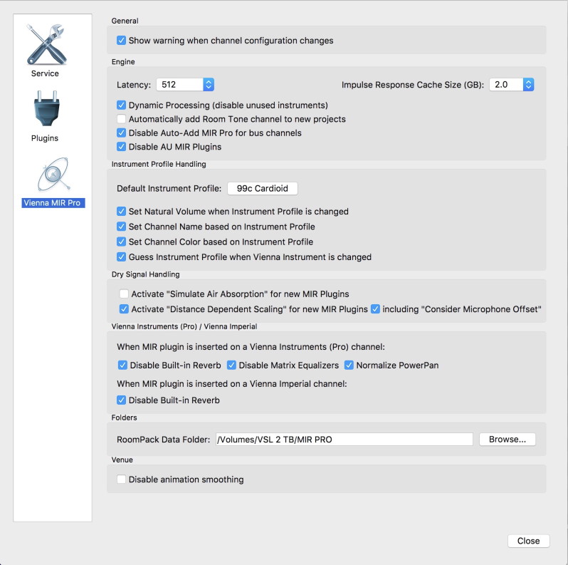 Vienna MIR PRO Preferences