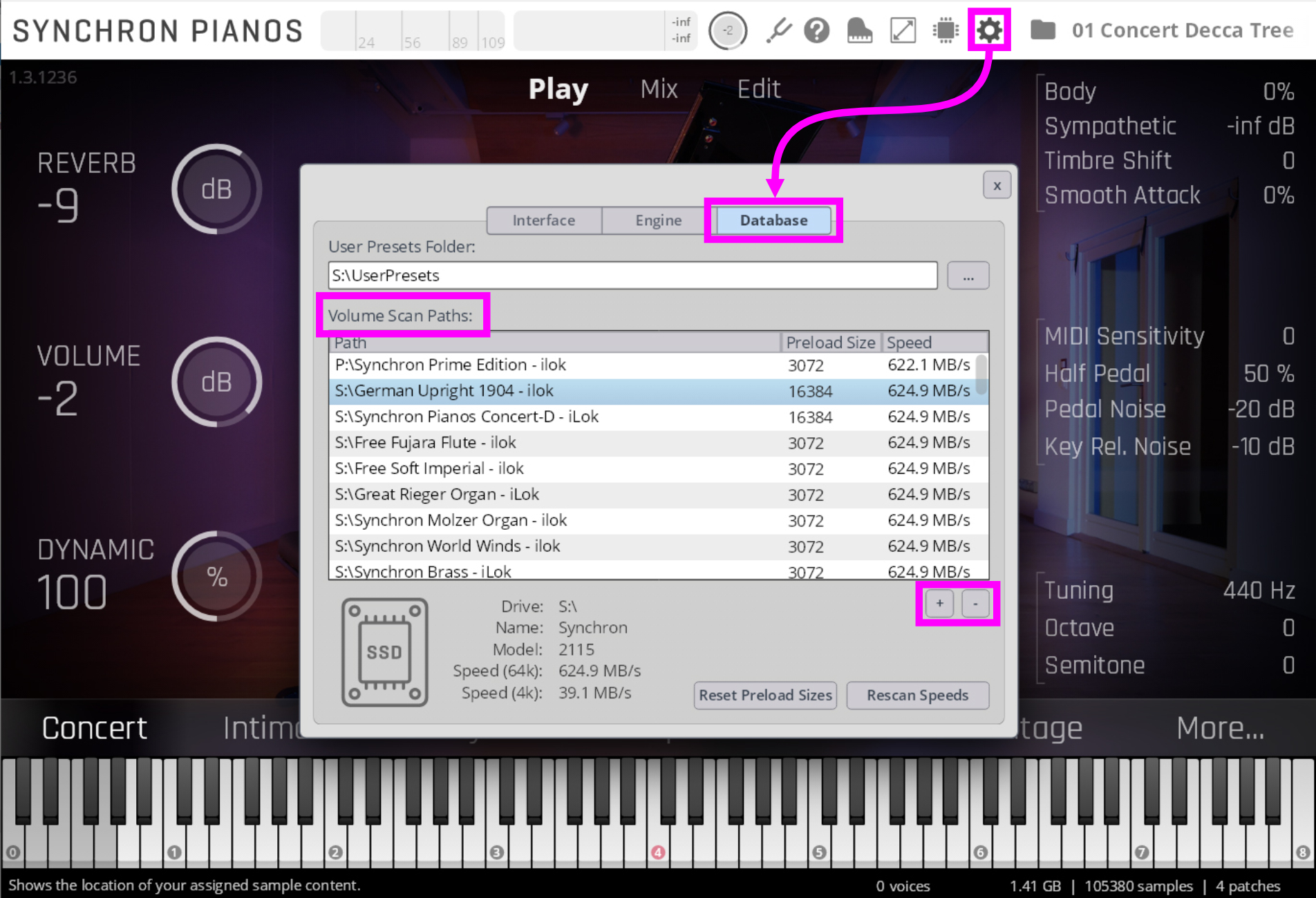 Screenshot of the Synchron Pianos software interface showing the settings panel with the Database tab selected, highlighting the Volume Scan Paths for sample content.
