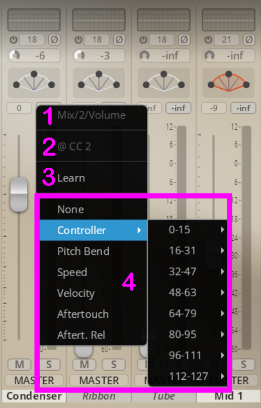 Software interface showing a Mix-Ansicht with an open dropdown menu for Controller settings, including options like Pitch Bend, Speed, Velocity, and Aftertouch, with a sub-menu displaying number ranges 0-15 and 16-31.