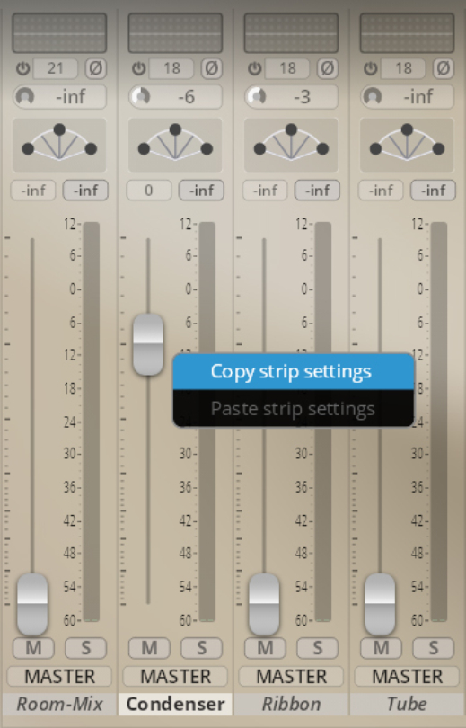 Digital audio mixer interface with multiple fader channels, showing options to copy or paste strip settings for channel equalizer adjustments.