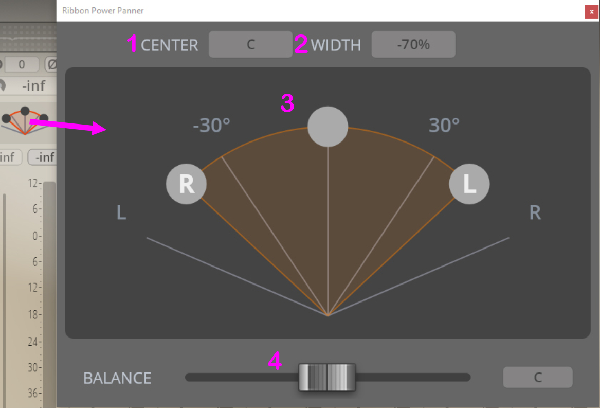 Ribbon Power Panner interface showing center, width, and balance controls for audio localization, highlighting left, right, and center channel options.