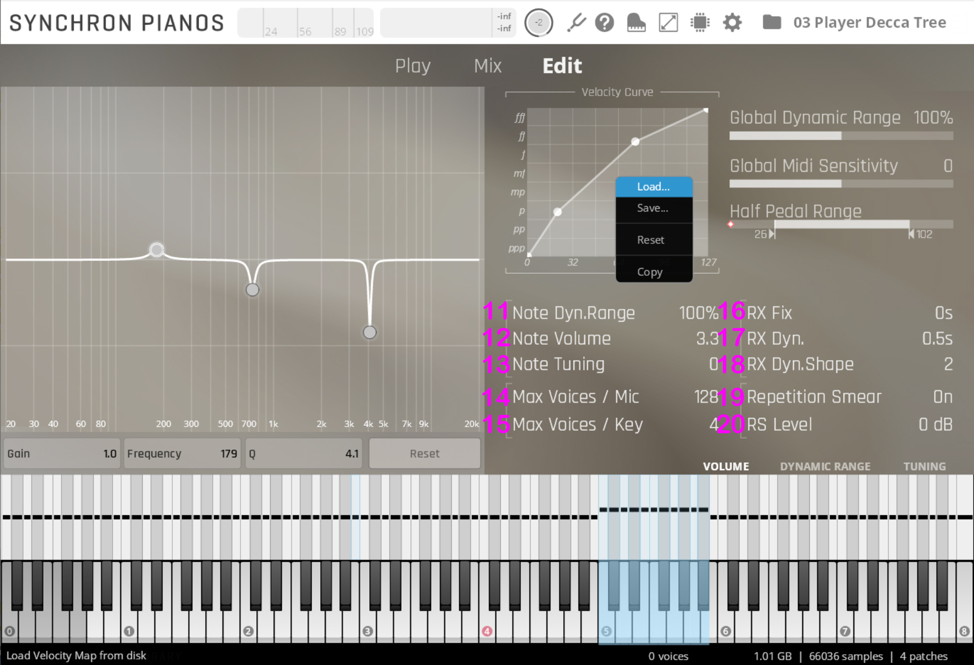 User interface for Synchron Pianos software, showing the Edit view with an equalizer curve, velocity curve editor, and piano keyboard for per-note adjustments.