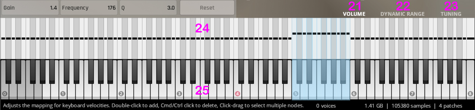 Per-Note Equalizer interface with piano keyboard display, showcasing adjustable Gain, Frequency, and Q settings, and key-specific equalization controls.