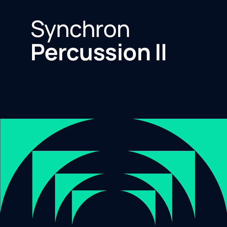 Synchron Percussion II album cover art featuring white text on a dark blue background and abstract green geometric shapes below.