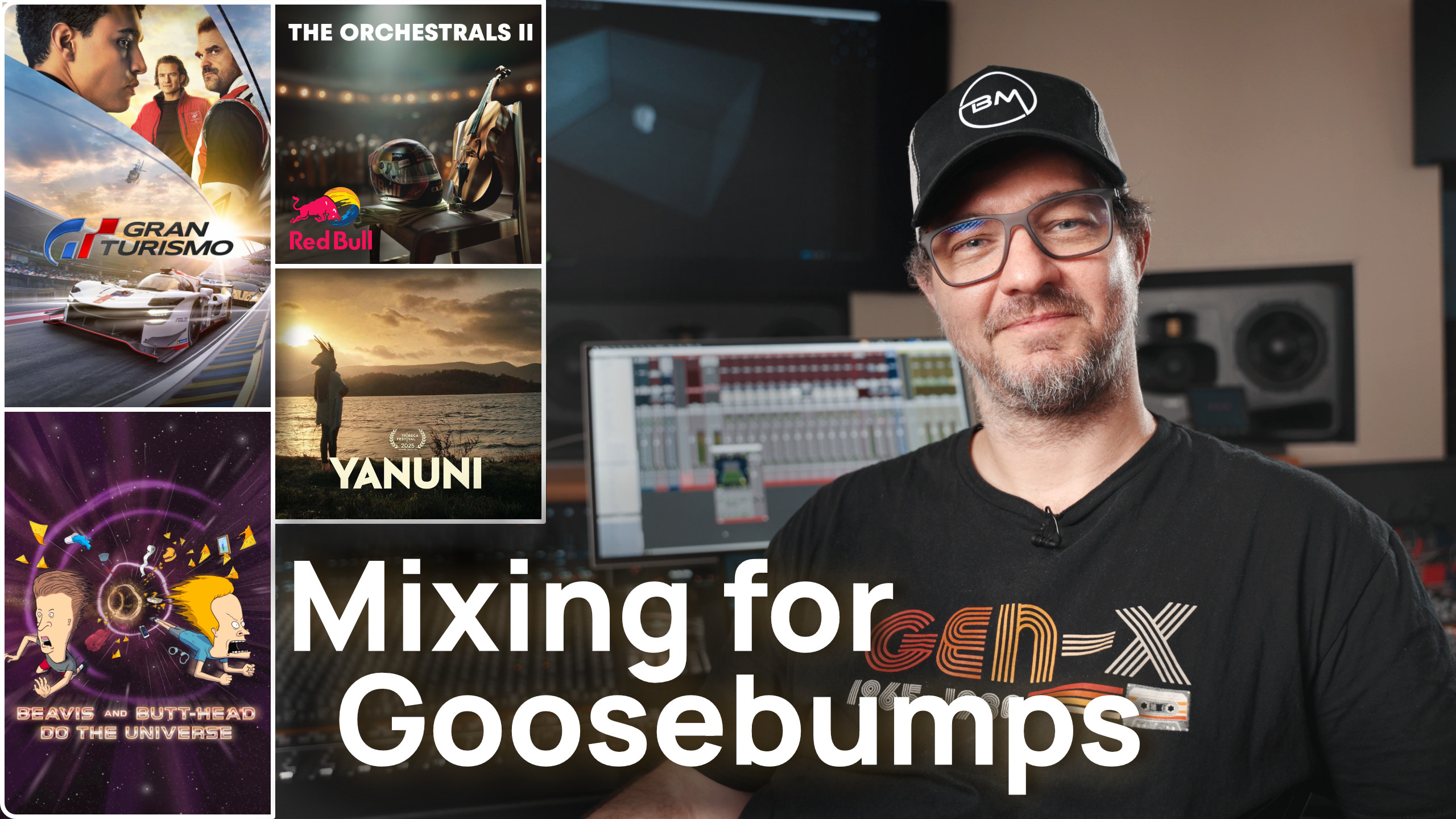 Various film posters and Bernd Mazagg inside the Dolby Atmos certified control room in the Vienna Synchron Stage