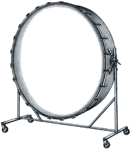 Large concert bass drum on a rolling stand, a musical percussion instrument.