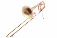 Bassposaune in B/F, a brass wind instrument with a slide, photographed against a white background.