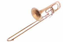Brass bass trombone in B/F, a large low-pitched musical instrument.
