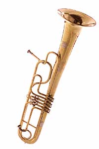Brass bass tuba in F, a large musical wind instrument, angled vertically on a white background.