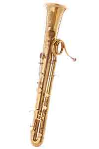 Cimbasso brass musical instrument, gold lacquer finish, upright view