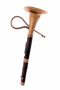 Cimbasso brass wind instrument, an aerophone made of brass and gold lacquer.