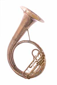 Silver contrabass tuba in Bb, a large brass wind instrument, on a white background.