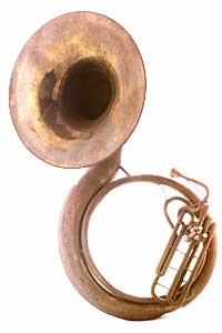 Kontrabasstuba in B, a brass wind instrument with a large bell and coiled tubing, seen from an angle.