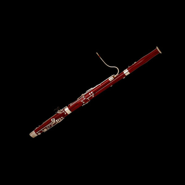 Dark red bassoon musical instrument with silver keys and a bocal against a black background