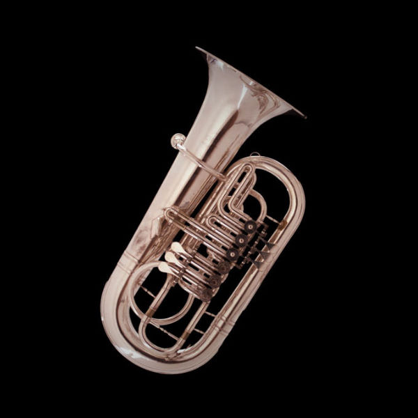 Silver bass tuba in F, a brass musical instument, against a black background