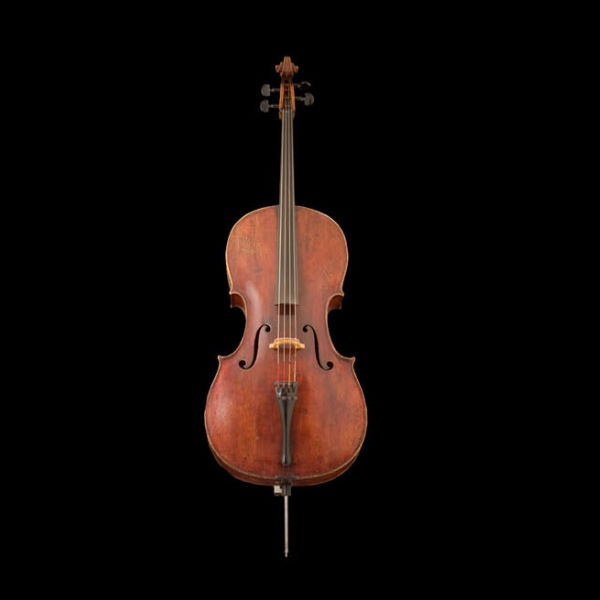 A full-length vertical shot of a dark brown violoncello or cello, a large string instrument, standing against a black background. The wooden instrument features a scroll, pegbox, neck, and f-holes visible on its body.