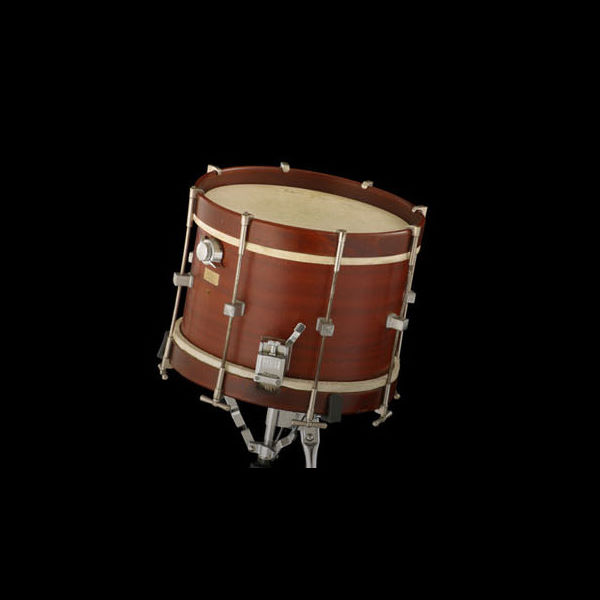 Brown wooden tenor drum or field drum on a stand