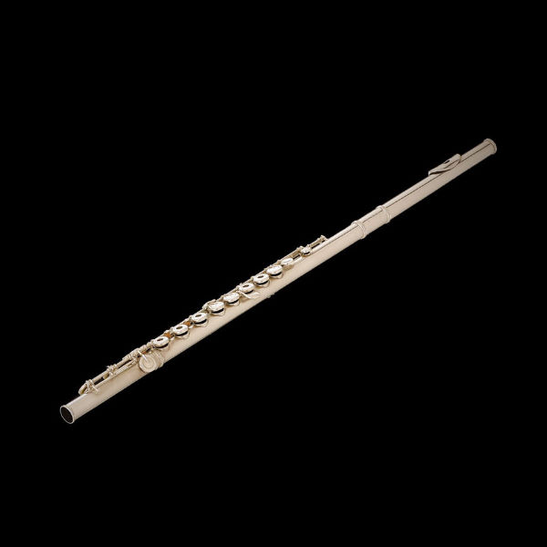 Silver concert flute on a black background, showcasing the instrument's keys and design.