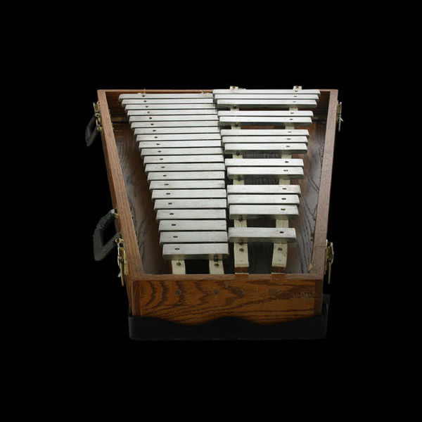 Glockenspiel musical instrument with two rows of metal bars in a wooden case, ideal for orchestral use and music education.