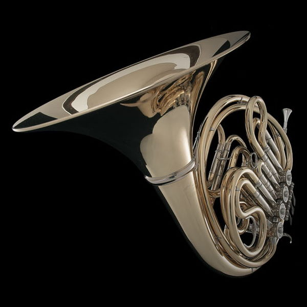 Golden Wiener Horn in F, a type of Viennese horn, showcasing its intricate coils, valves, and flared bell against a dark background