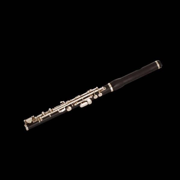 Black wooden piccolo flute with silver keys on a dark background.