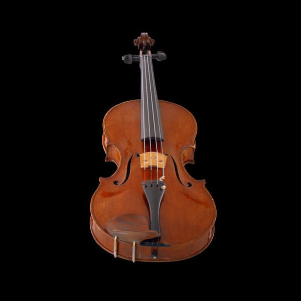 Wooden viola string instrument on a black background.