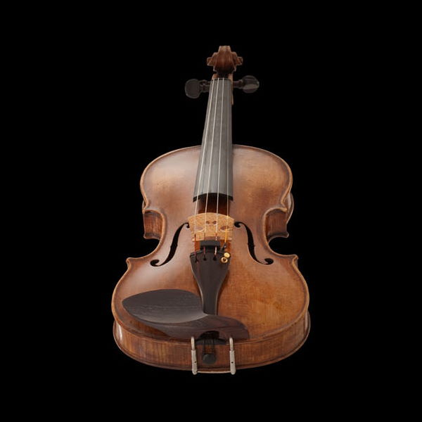 A close-up view of a classical wooden violin, also known as a violine or violon, with a dark background.