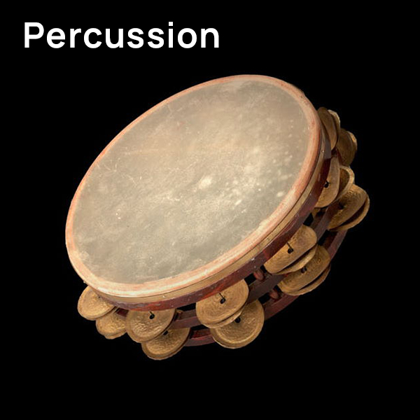 Tambourine percussion instrument with a white drumhead and brass jingles on a black background, representing the percussion family of musical instruments.
