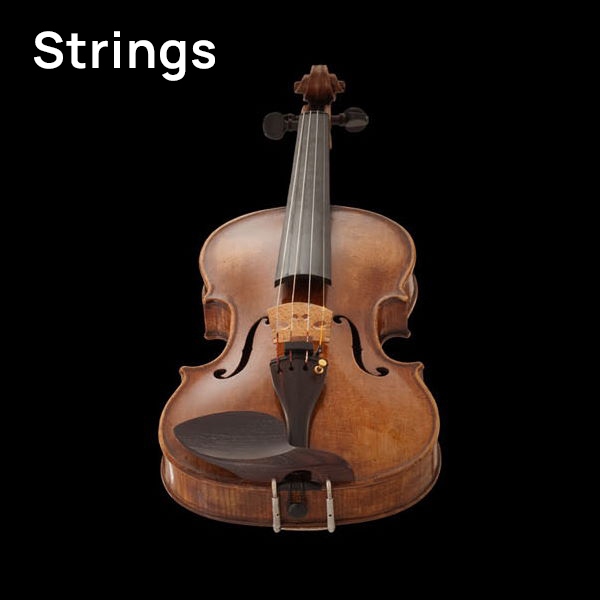 Wooden violin on a black background, showcasing its strings and fine details.