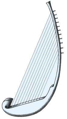 Illustration of a harp, a stringed musical instrument.