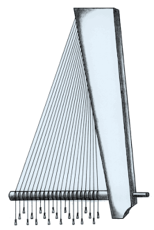 Line drawing illustration of a harp, displaying its numerous parallel strings attached to a horizontal base and a slanted soundboard.