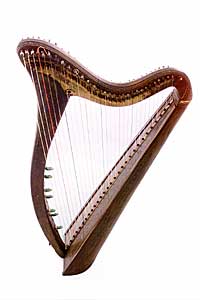 Harp musical instrument with strings, side view