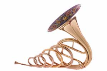 Golden Viennese horn, also known as a Wiener Horn in F, featuring a distinct, ornate, and colorful oval-shaped decorative attachment.