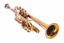 Golden brass piccolo trumpet, an iconic small brass instrument, shown angled against a white background.