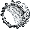 Antique engraving of a tambourine instrument, also known as Schellentrommel or Baskische Trommel.