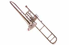 Tenor trombone in Bb, a brass musical instrument, on a white background.