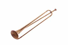 Brass trumpet against a white background, illustrating the musical instrument.