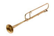 Brass C trumpet, aerophon instrument, on a white background.