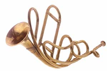 Antique brass trumpet wind instrument against a white background.