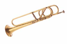 Brass trumpet instrument isolated on a white background.