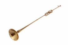 Brass C trumpet on a white background, highlighting its bell and long tubing.