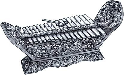 Engraved illustration of a xylophone, showcasing its wooden bars, mallets, and ornate, decorative stand.