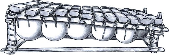 Line drawing of a xylophone with wooden bars and gourd resonators, on a light blue background.