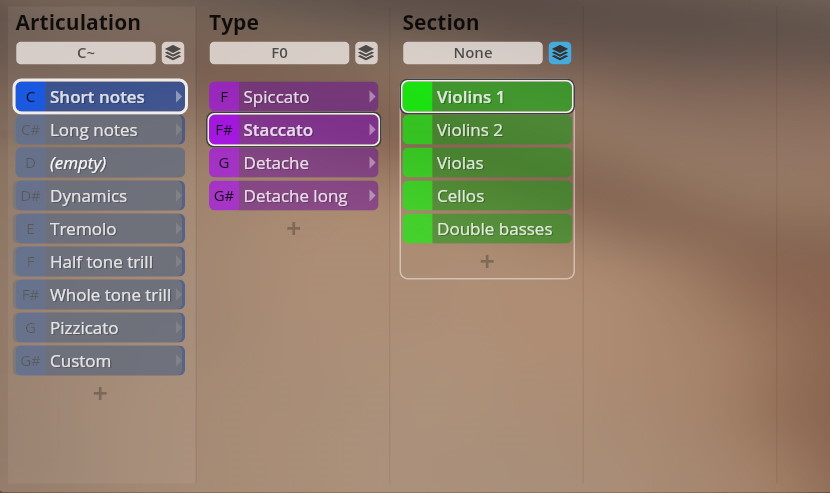 User interface showing articulation, type, and section selection for Studio Chamber Strings orchestral samples. Articulation lists include Short notes, Long notes, Dynamics, Tremolo, Half tone trill, Whole tone trill, Pizzicato, and Custom. Type options display Spiccato, Staccato, Detache, and Detache long. Section choices are Violins 1, Violins 2, Violas, Cellos, and Double basses.
