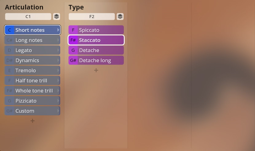 User interface showing Articulation and Type options for Studio Chamber Strings. The Articulation column has Short notes selected. The Type column shows Staccato highlighted, with options like Spiccato and Detache.