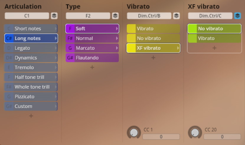 User interface for Studio Chamber Strings software showing articulation, type, vibrato, and XF vibrato settings, with Long notes, Soft, and XF vibrato selected.