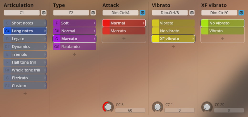 Software interface showing options for Studio Chamber Strings articulation, type, attack, and vibrato controls, with Long Notes, Marcato, Normal, XF Vibrato, and No Vibrato selected.