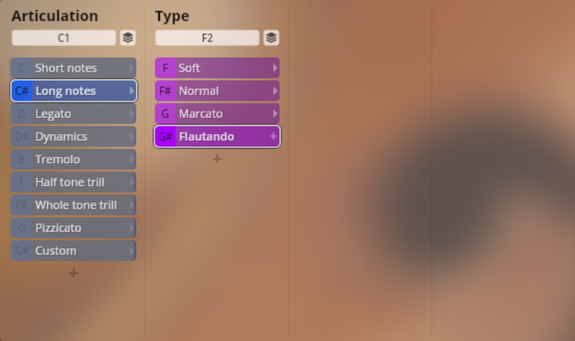 Software interface displaying articulation and type selection options for string instrument virtual sounds. Long notes and Flautando are highlighted, showing sound programming choices for Studio Chamber Strings.