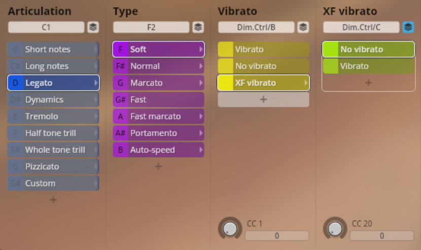 Software interface showing musical articulation, type, and vibrato settings. Legato is selected under Articulation. Soft is selected under Type. XF vibrato is selected under Vibrato, and No vibrato is selected under XF vibrato.