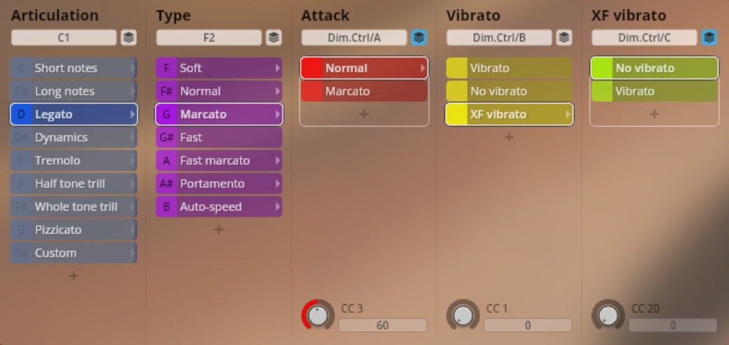 User interface for Studio Chamber Strings orchestral library showing instrument articulation, type, attack, and vibrato options, with Legato and Marcato highlighted.